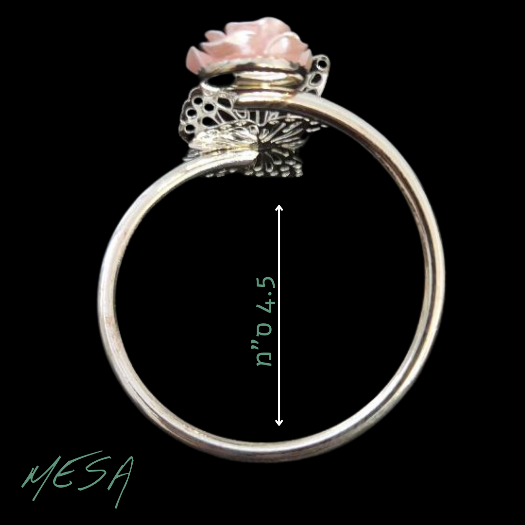 MESA- חבק למפיות פרח ופרפר | מחזיק מפיות עם פרח ורוד ופרפר כסוף